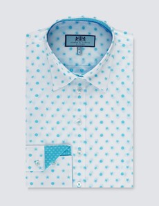 Women's White & Turquoise Dobby Stars & Spots Fitted Shirt - Single Cuff