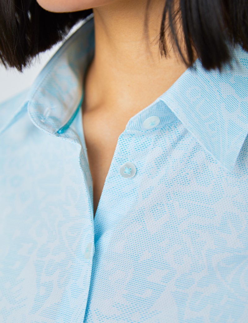 Women's White & Light Blue Jacquard Self Paisley Fitted Shirt - Single Cuff