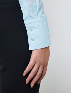 Women's White & Light Blue Jacquard Self Paisley Fitted Shirt - Single Cuff