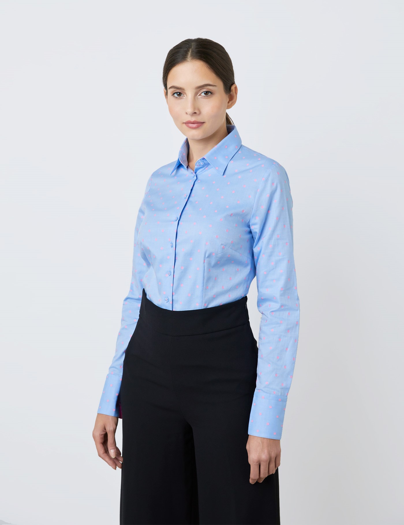 Image of Hawes & Curtis Women's Dobby Spots Fitted Shirt in Blue/Pink Size  Single Cuff