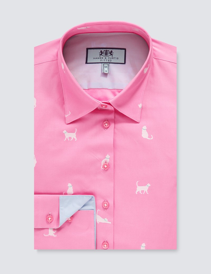 Women's Pink & White Cats Design Fitted Shirt - Single Cuff