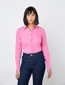 Women's Pink & White Cats Design Fitted Shirt - Single Cuff