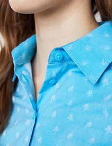 Women's Light Blue & Blue Floral Dobby Fitted Shirt - Single Cuff