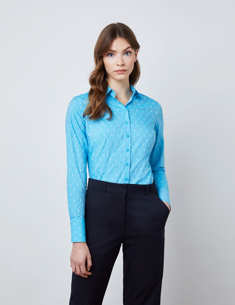 Women's Light Blue & Blue Floral Dobby Fitted Shirt - Single Cuff
