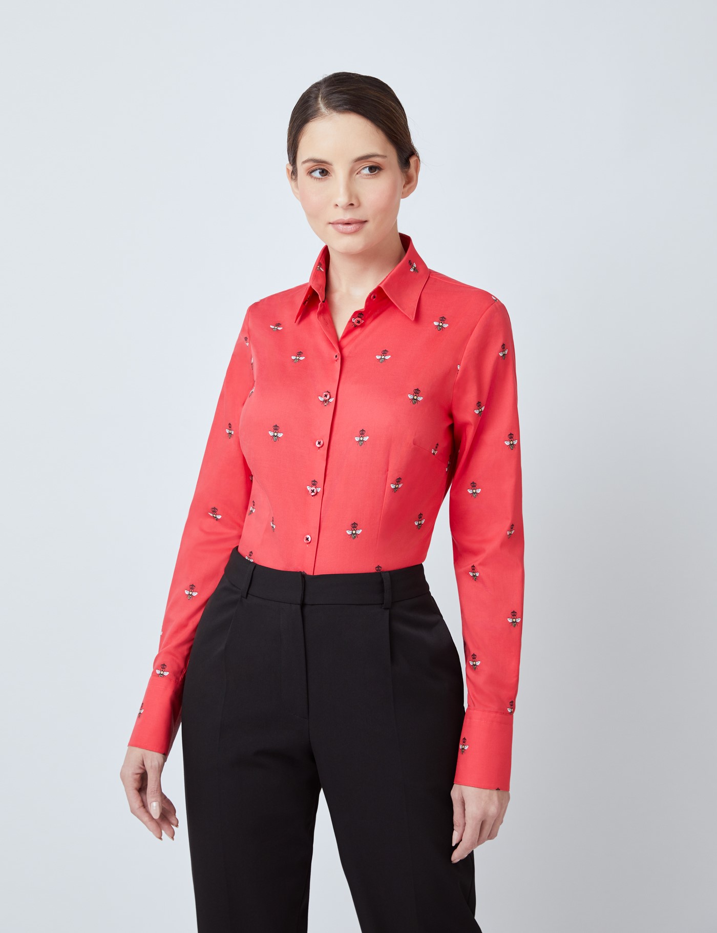 Hawes & Curtis Women's Dobby Queen Bees Fitted Shirt in Red/Yellow | Size 10