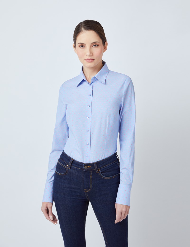 Cotton Dobby Women's Fitted Shirt with Spots in Light Blue & Pink ...