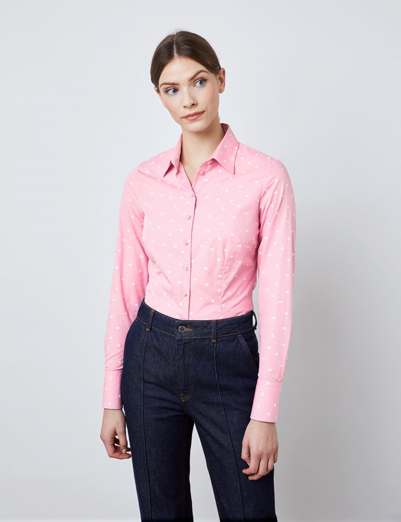 Women's Light Pink & White Dobby Spots Fitted Shirt 