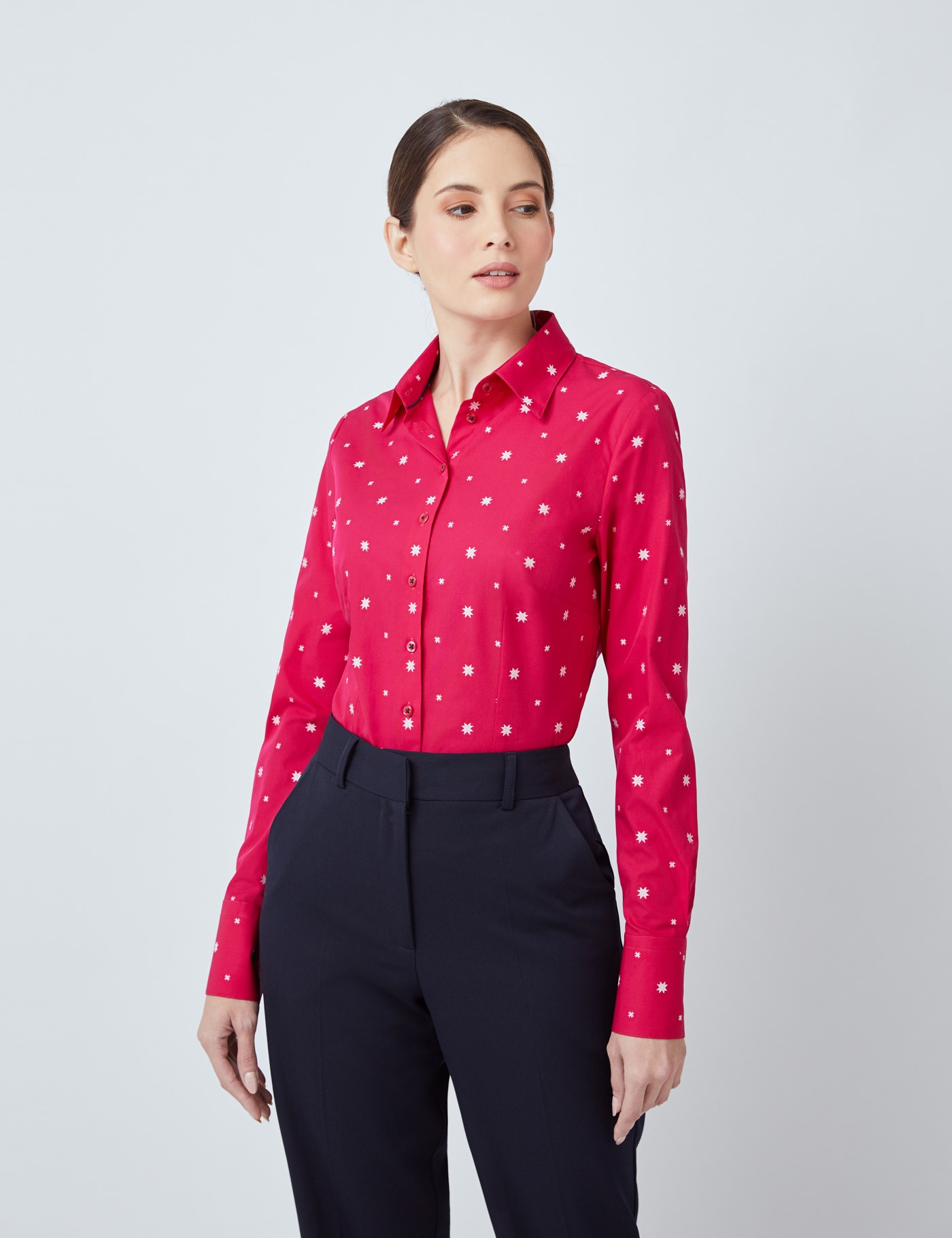 Cotton Dobby Women's Fitted Shirt with Multi Stars Print in Red | Hawes ...