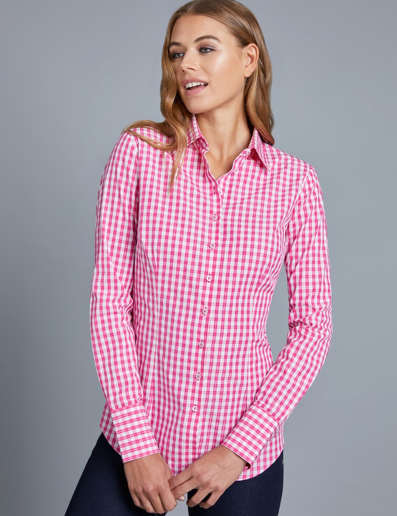 Women's Pink & White Multi Check Fitted Shirt - Single Cuff | Hawes ...