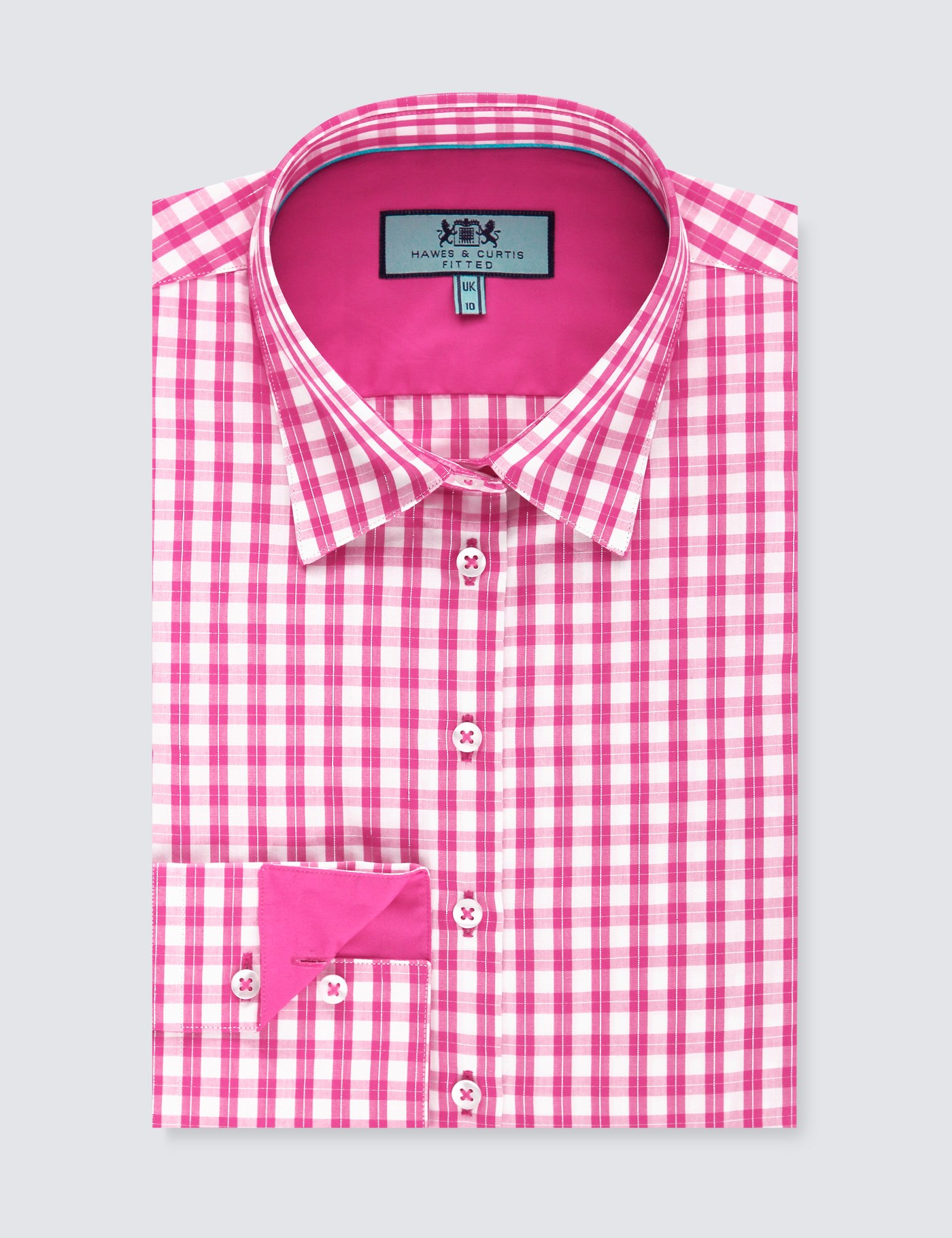 Women's Pink & White Multi Plaid Fitted Shirt - Single Cuff | Hawes ...