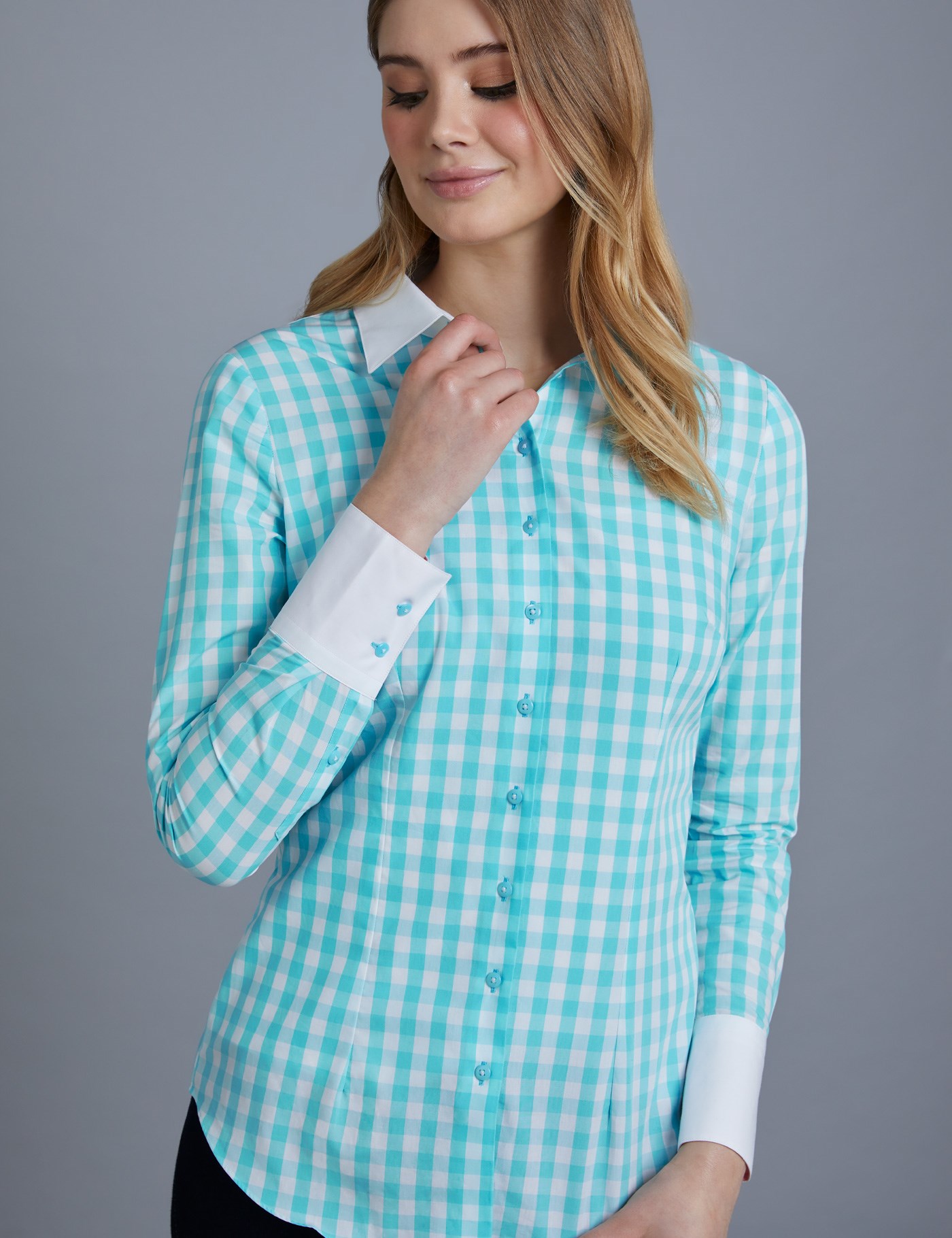Women S Turquoise And White Gingham Plaid Fitted Shirt With Contrast