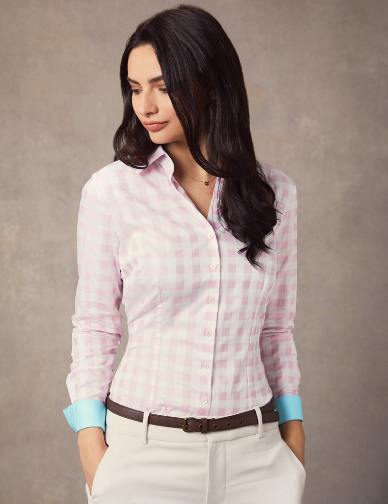 Women's Pink & White Gingham Plaid Fitted Shirt With Contrast Collar ...