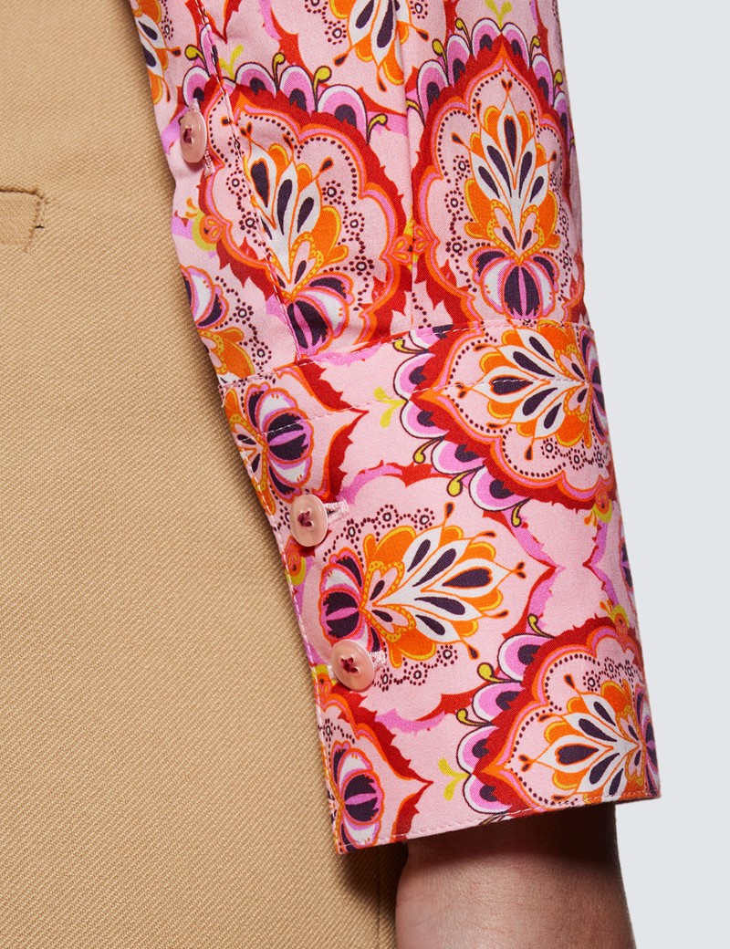 Women's Pink & Orange Floral Geometric Fitted Shirt - Single Cuffs