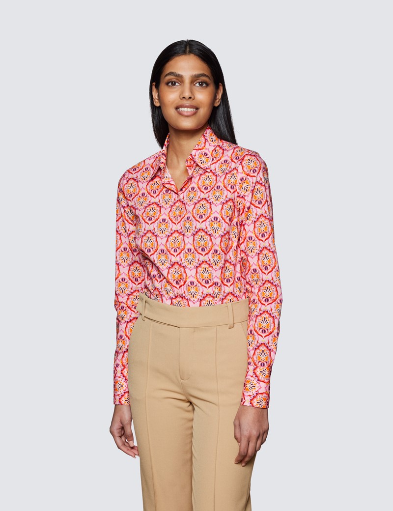Women's Pink & Orange Floral Geometric Fitted Shirt - Single Cuffs