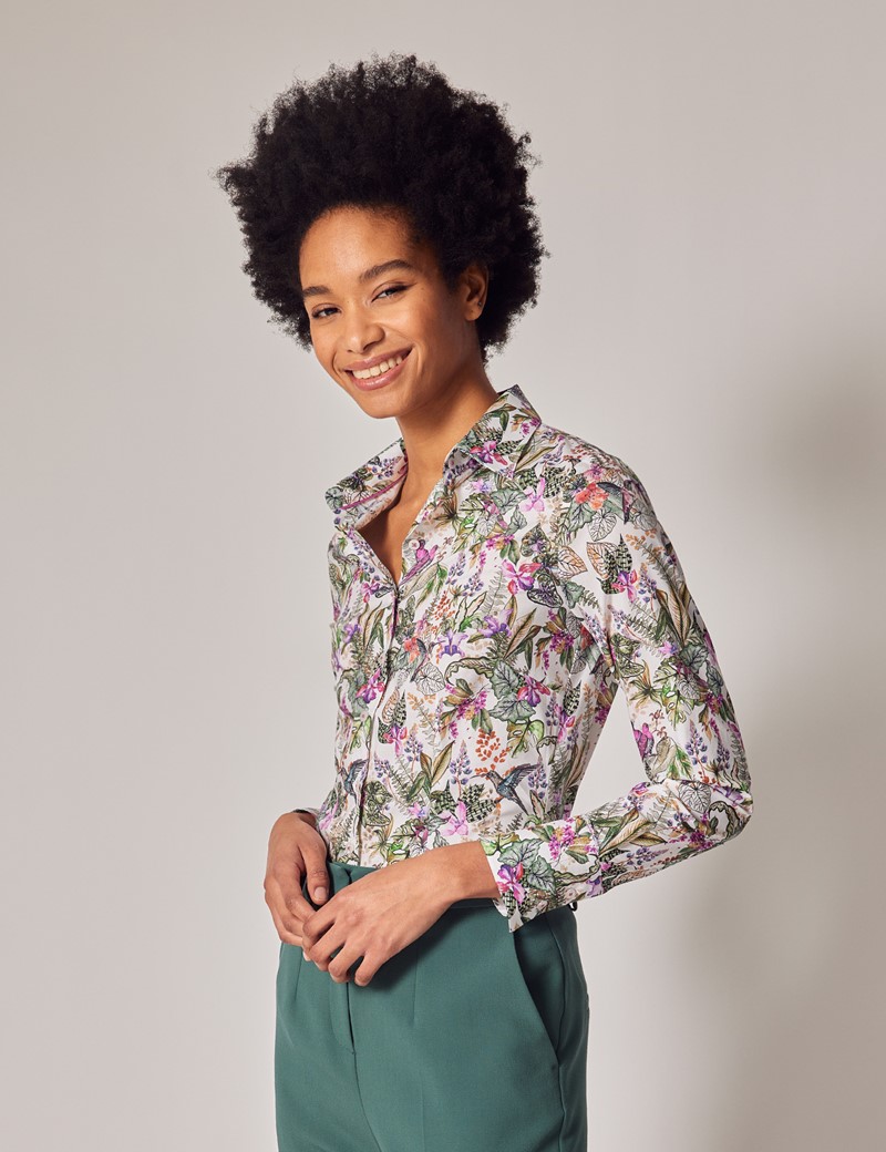 Women's White & Pink Jungle Foliage Fitted Shirt