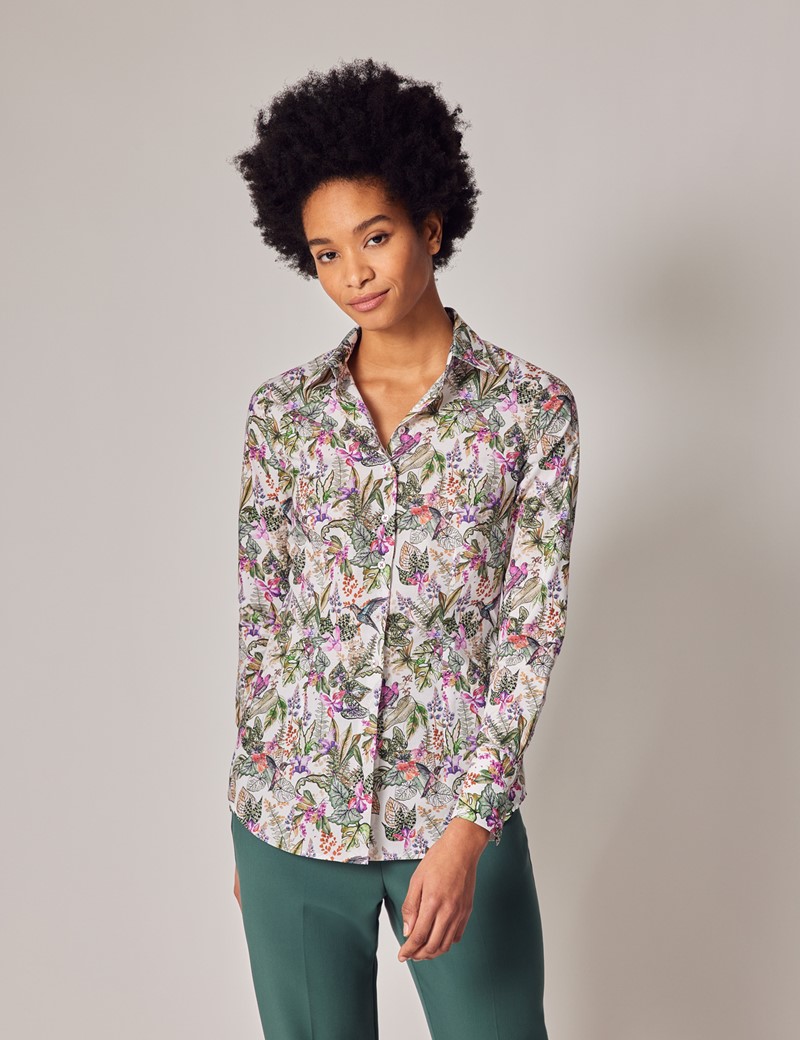 Women's White & Pink Jungle Foliage Fitted Shirt