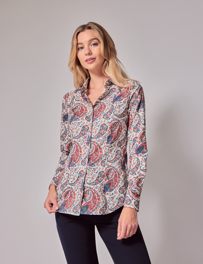 Women's Cream & Red Floral Paisley Fitted Shirt