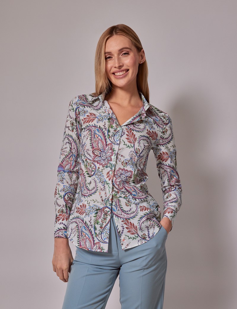 Women's White & Red Paisley Fitted Shirt | Hawes & Curtis