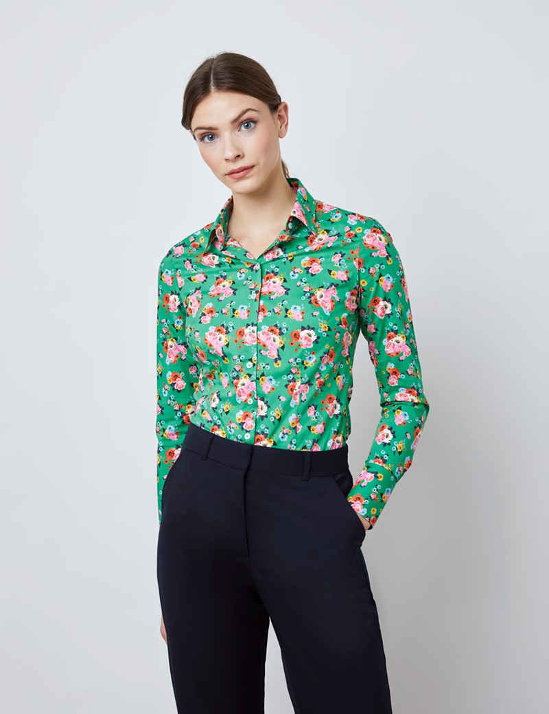 Women's Green & Pink Mini Bouquets Fitted Shirt - Single Cuff 