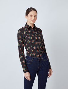 Women’s Black & Red Floral Fitted Shirt 