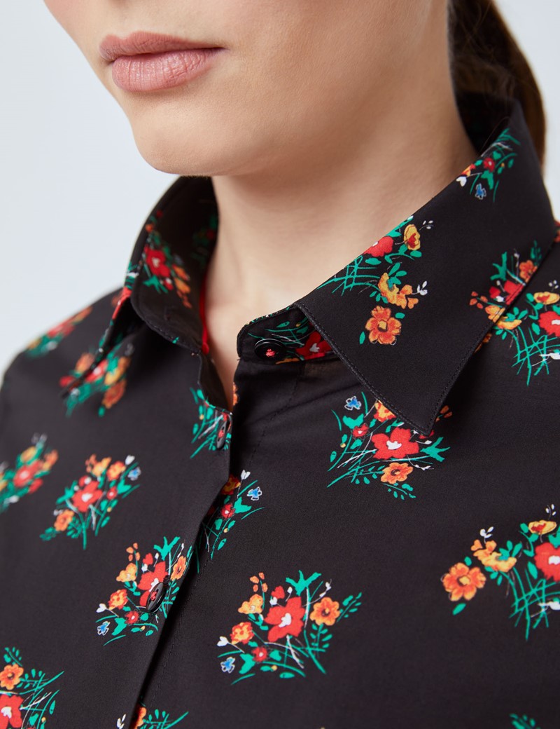 Women’s Black & Red Floral Fitted Shirt 