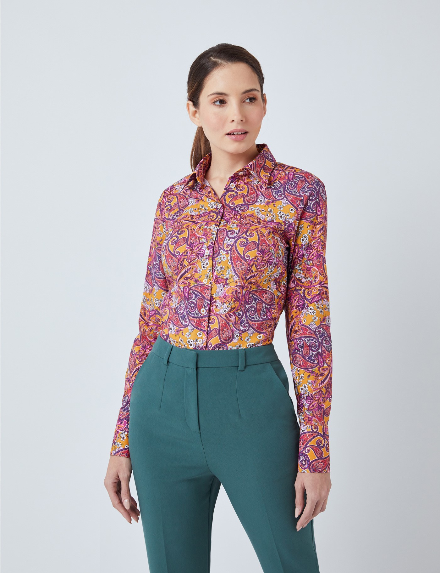 Cotton Women's Fitted Shirt with Floral Paisley Print in Mustard ...