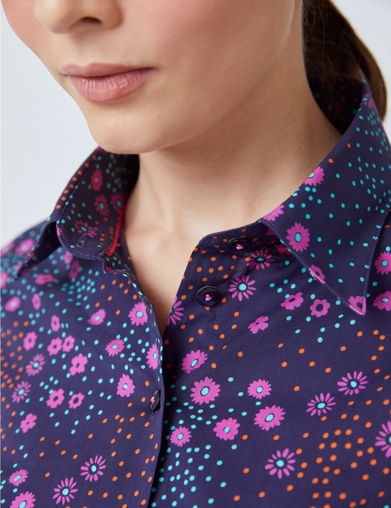 Women’s Navy & Pink Daisy Print Fitted Shirt 