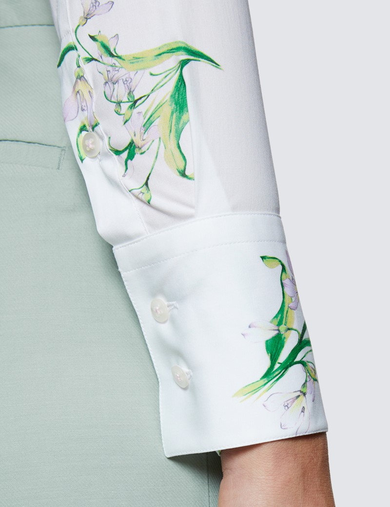 Women’s White & Green Floral Print Fitted Cotton Stretch Shirt 