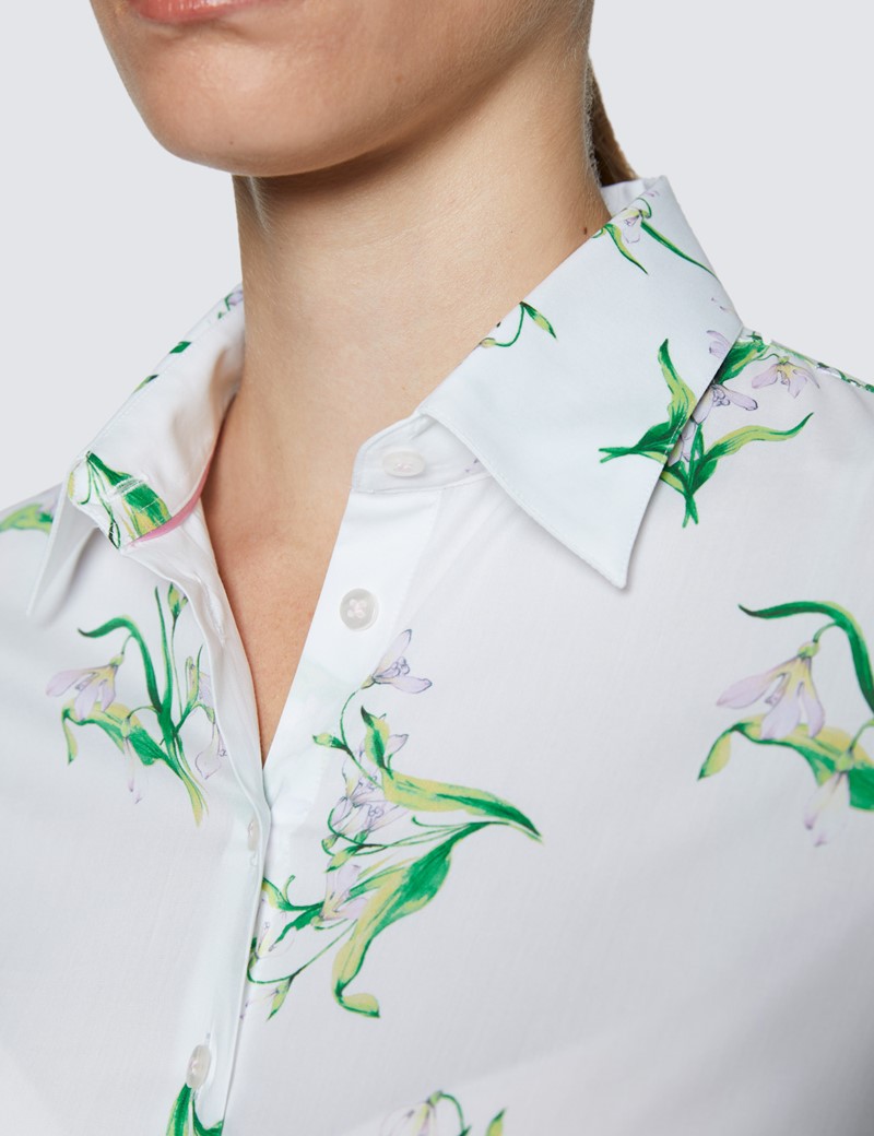 Women’s White & Green Floral Print Fitted Cotton Stretch Shirt 