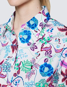 Bluse – Slim Fit – Baumwollstretch – weiß floraler Print
