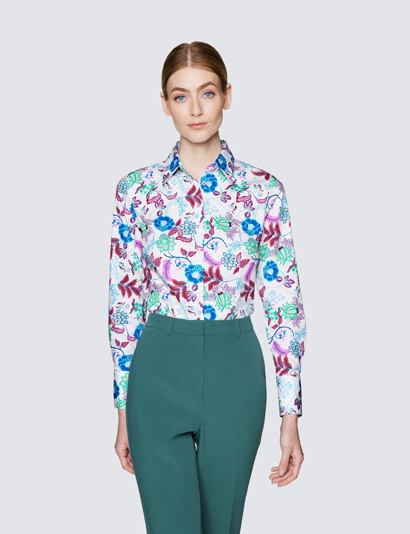 Bluse – Slim Fit – Baumwollstretch – weiß floraler Print