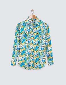 Women's Blue & Yellow Floral Print Fitted Cotton Stretch Shirt