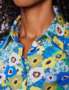 Women's Blue & Yellow Floral Print Fitted Cotton Stretch Shirt