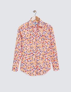 Women's Pink & Orange Floral Print Fitted Cotton Stretch Shirt
