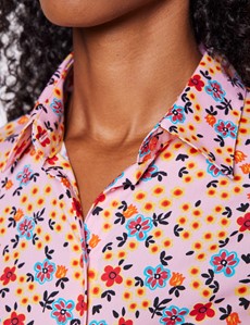 Women's Pink & Orange Floral Print Fitted Cotton Stretch Shirt