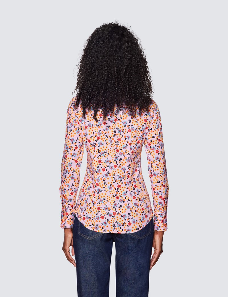 Women's Pink & Orange Floral Print Fitted Cotton Stretch Shirt