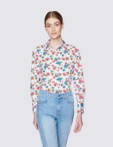 Women's White & Red Floral Print Fitted Cotton Stretch Shirt