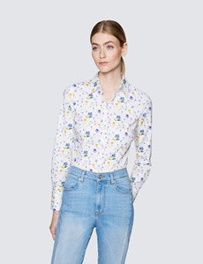 Women's White & Lilac Floral Print Fitted Cotton Stretch Shirt