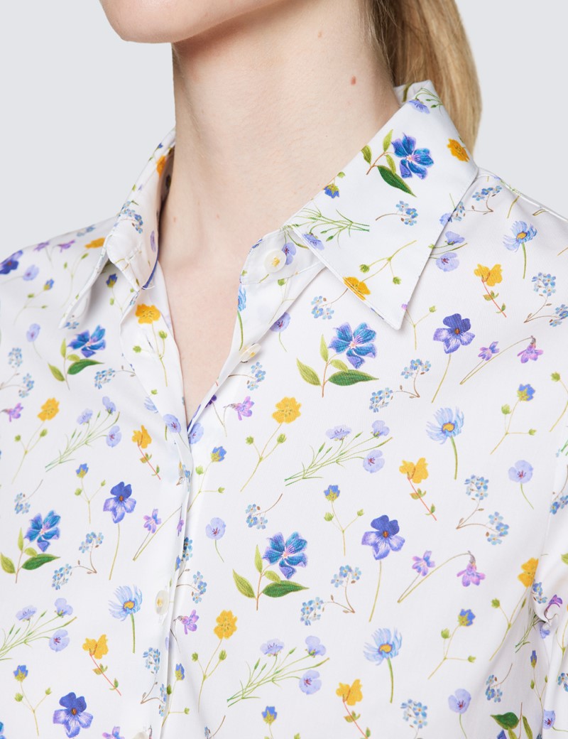 Women's White & Lilac Floral Print Fitted Cotton Stretch Shirt