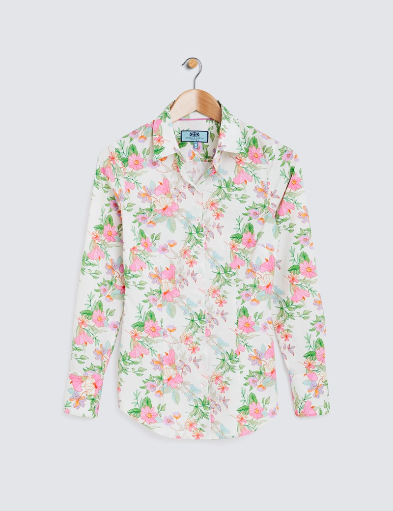 Women's Cream & Pink Floral Print Fitted Cotton Stretch Shirt