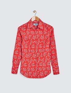 Women's Red & White Paisley Print Fitted Cotton Stretch Shirt