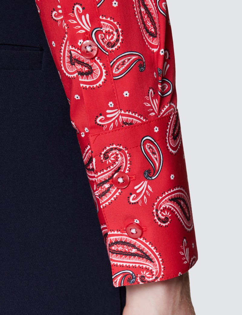 Women's Red & White Paisley Print Fitted Cotton Stretch Shirt