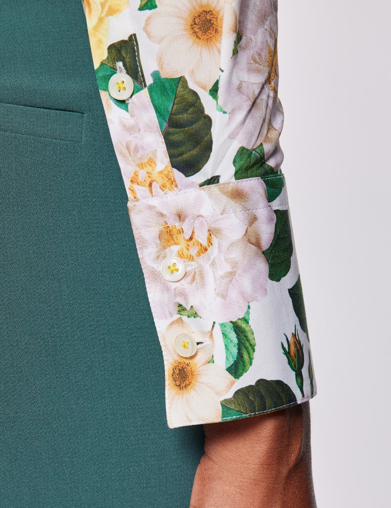 Women's Cream & Yellow Floral Print Fitted Cotton Stretch Shirt