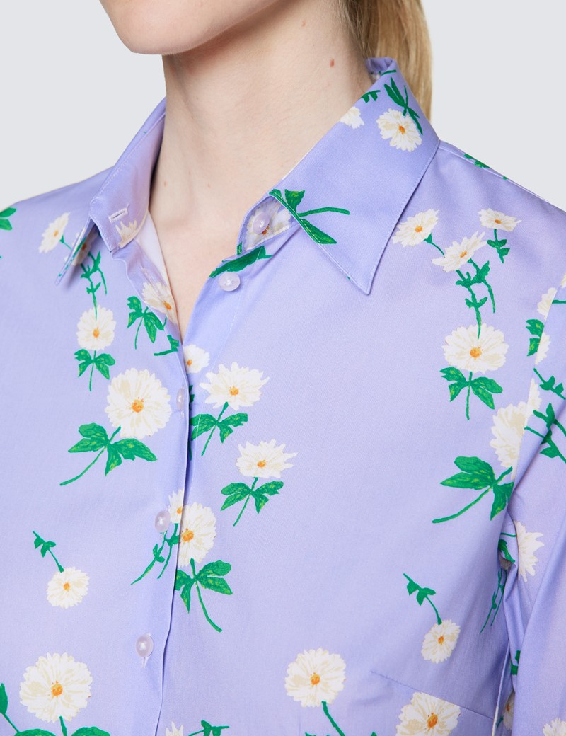 Women's Lilac Floral Print Fitted Cotton Stretch Shirt