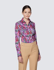 Women's Navy & Pink Floral Fitted Cotton Stretch Shirt