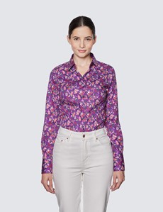 Women's Purple & Green Ditsy Print Fitted Cotton Stretch Shirt