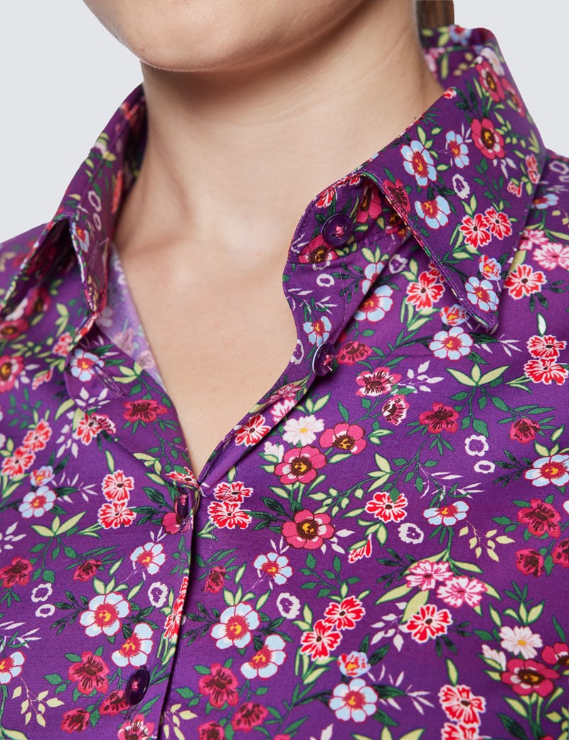 Women's Purple & Green Ditsy Print Fitted Cotton Stretch Shirt