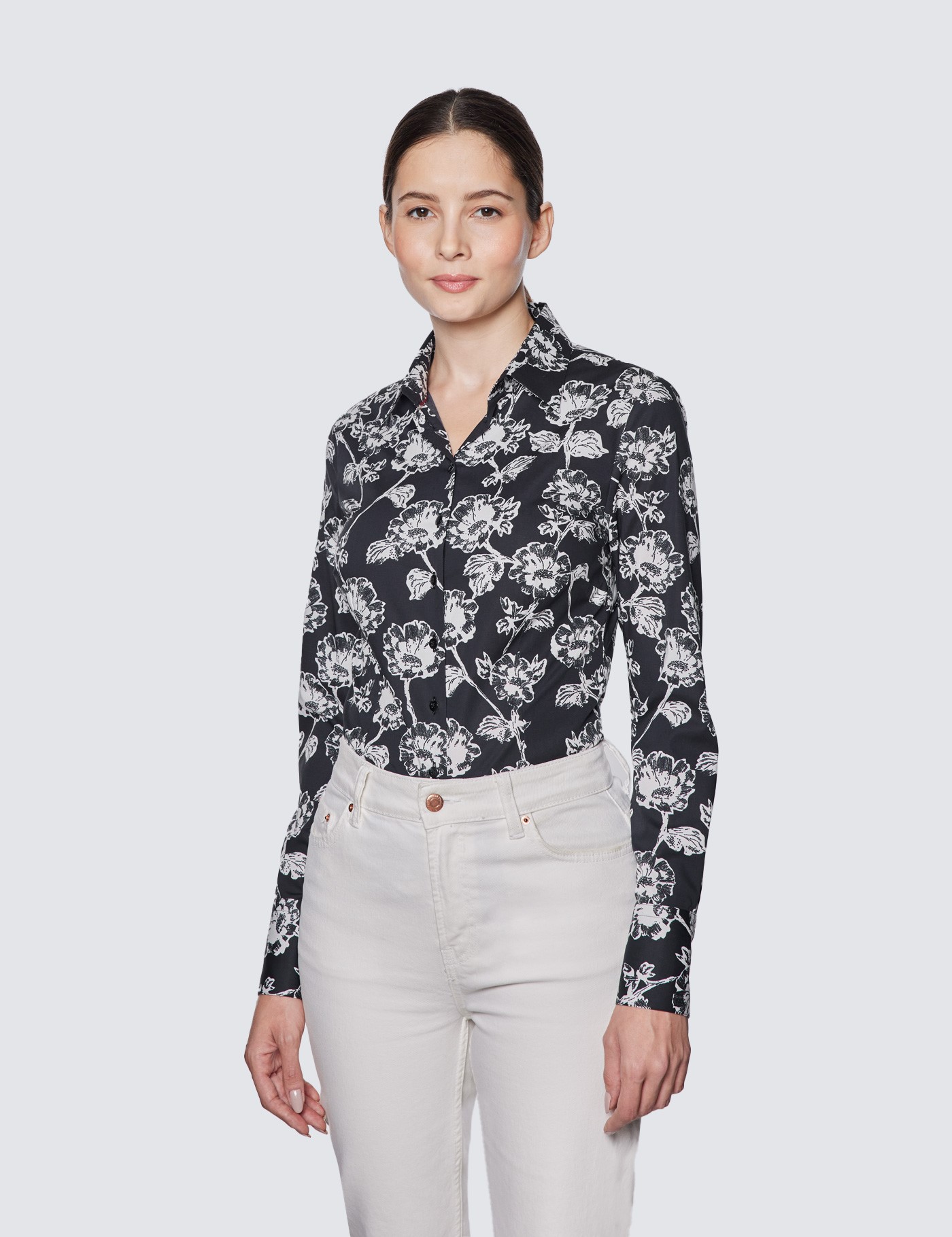 Hawes & Curtis Women's Navy & Pink Floral Print Fitted Cotton Stretch Shirt