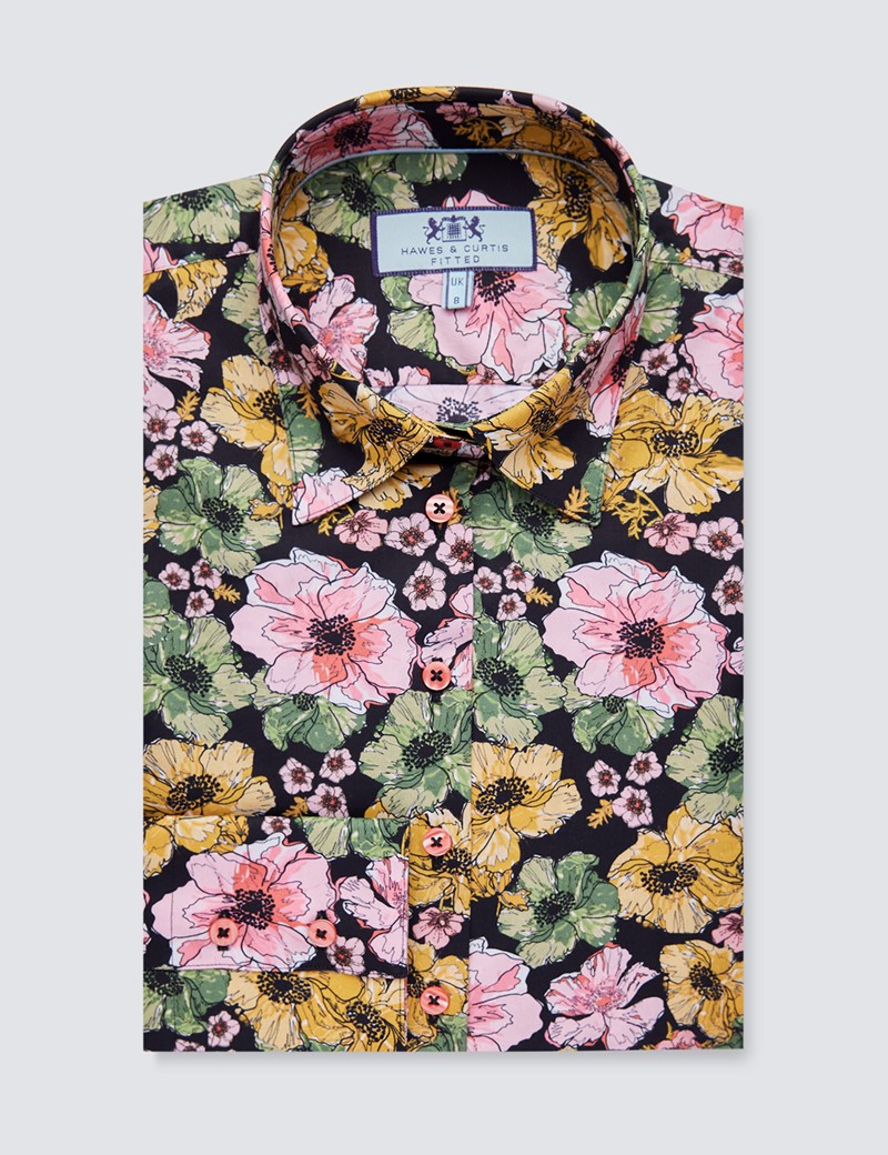 Women's Black & Pink Floral Print Fitted Cotton Stretch Shirt