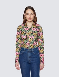 Bluse – Slim Fit – Baumwollstretch – schwarz rosa Blumen